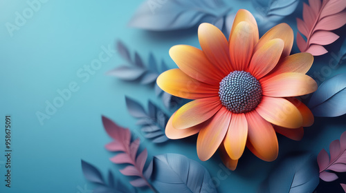 Vibrant  paper art flower on a colorful background with leaves, ideal for creative projects, design resources, and nature-themed compositions. photo