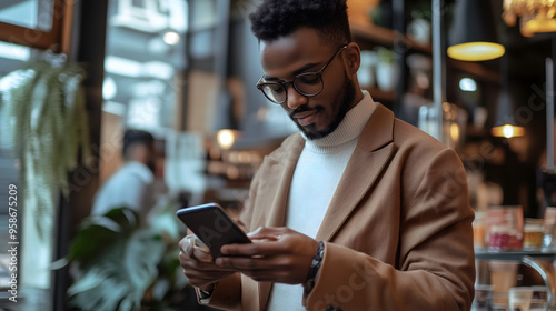 Man Checking Phone in Cafe