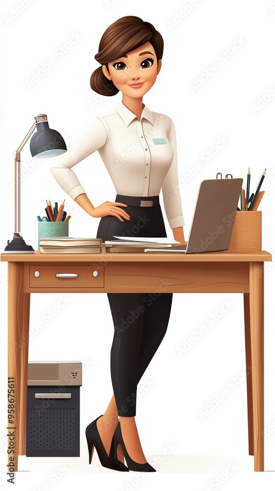 A confident businesswoman stands by her desk, showcasing professionalism in a modern office environment. A confident businesswoman stands by her desk, showcasing professionalism in a modern office environment.