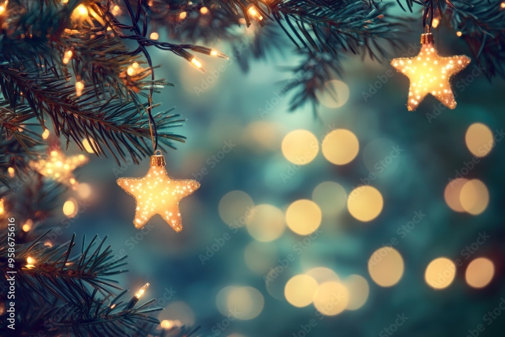 Twinkling Star Ornaments on a Christmas Tree Branch Twinkling Star Ornaments on a Christmas Tree Branch