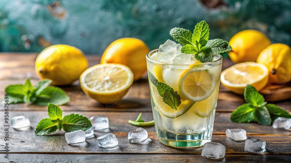 A refreshing summer drink made with zesty lemons fresh mint leaves and crushed ice served in a medium sized glass, drink, beverage, mint, fruity, zesty, crushed, green, summer, quenching A refreshing summer drink made with zesty lemons fresh mint leaves and crushed ice served in a medium sized glass, drink, beverage, mint, fruity, zesty, crushed, green, summer, quenching