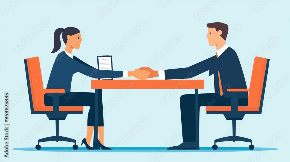A professional handshake between a man and a woman at a table, symbolizing agreement and collaboration in the workplace. A professional handshake between a man and a woman at a table, symbolizing agreement and collaboration in the workplace.