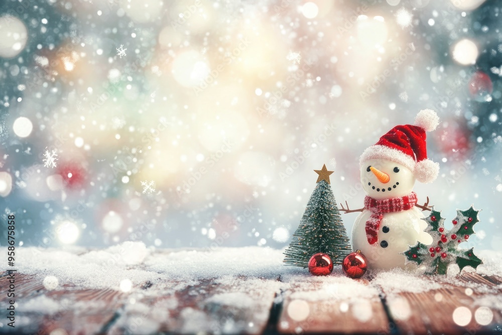 Snowman with Christmas Tree and Holly on a Snowy Wooden Surface Snowman with Christmas Tree and Holly on a Snowy Wooden Surface