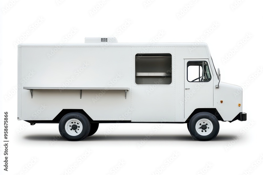 Naklejka premium A white food truck with a serving window, designed for mobile food service.