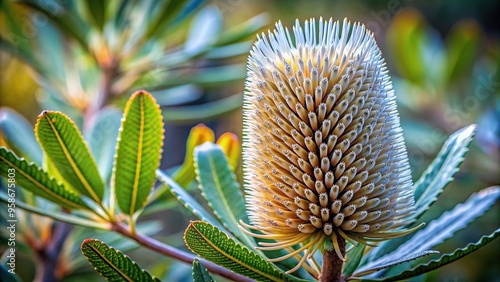 stock photo, silver banksia, Banksia marginata,blooming, A stock photo of a blooming twig of the silver banksia Banksia marginata with a captivating depth of field photo