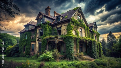 An eerie image of an abandoned mansion consumed by overgrown vegetation captured from a low angle perspective showcasing a gloomy atmosphere, overgrown, neglected, creepy, gloomy