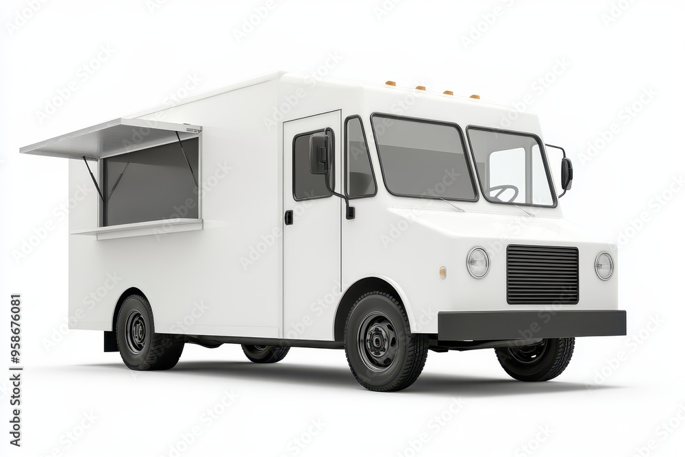 Naklejka premium A white food truck with an open serving window, designed for mobile food service.