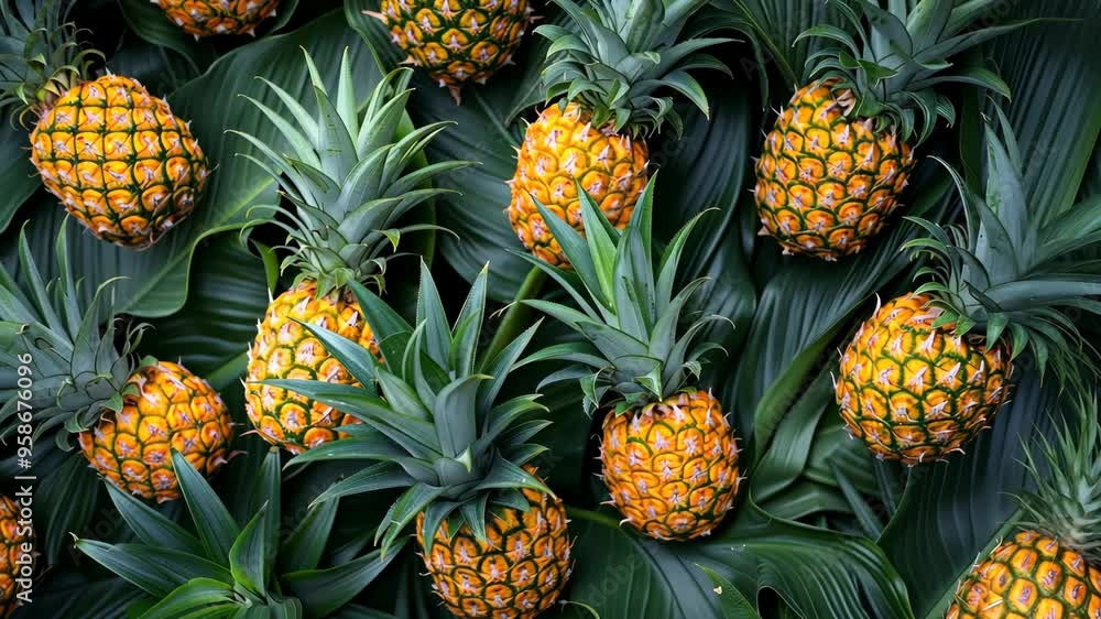 Fresh pineapples displayed on vibrant green leaves at a tropical market location Fresh pineapples displayed on vibrant green leaves at a tropical market location