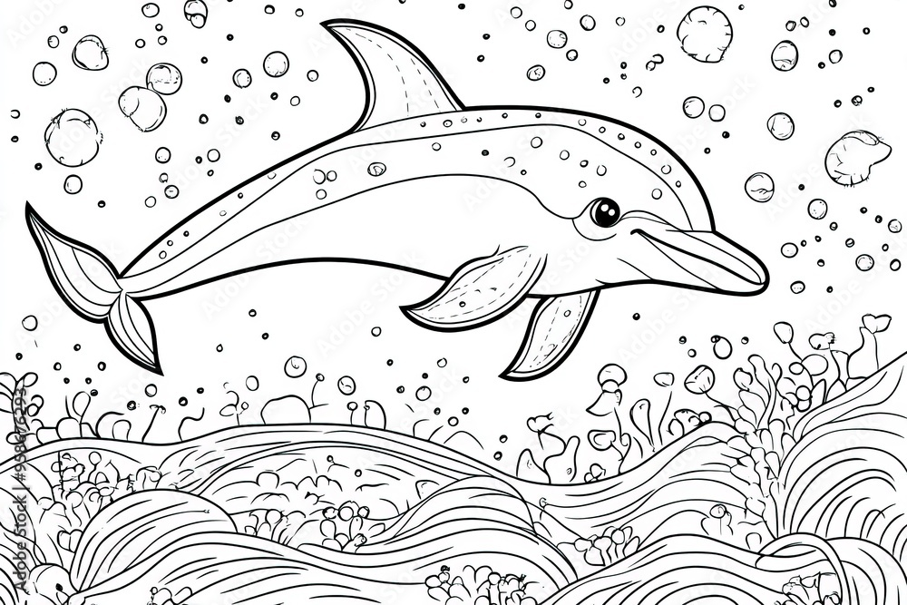 Obraz premium Cute dolphin with background coloring page for kids. Funny animal outline illustration. Generative Ai