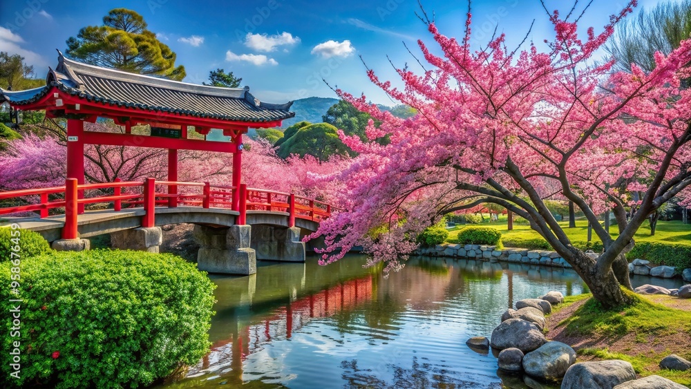 Japanese culture, A vibrant Japanese plum tree known as ume stands in full blossom surrounded by a blooming garden with a striking red torii gate and a bridge in the foreground Japanese culture, A vibrant Japanese plum tree known as ume stands in full blossom surrounded by a blooming garden with a striking red torii gate and a bridge in the foreground