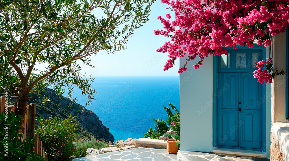 Fototapeta premium A Mediterranean view featuring a serene sea, vibrant villa, and whitewashed house under a clear blue sky with trees and flowers