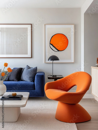 Minimalist Mid-Century Modern interior photo of a small apartment living room with white walls hanging with art frames and primary colored sofas and cushions. Generative AI
