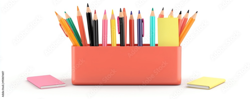 Fototapeta premium Vibrant colored pencils arranged in a container with notebooks, perfect for art, education, and creative activities.