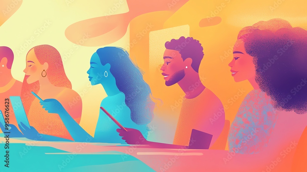 Vibrant scene of diverse individuals engaged with devices, showcasing modern communication and technology in bright colors. Vibrant scene of diverse individuals engaged with devices, showcasing modern communication and technology in bright colors.
