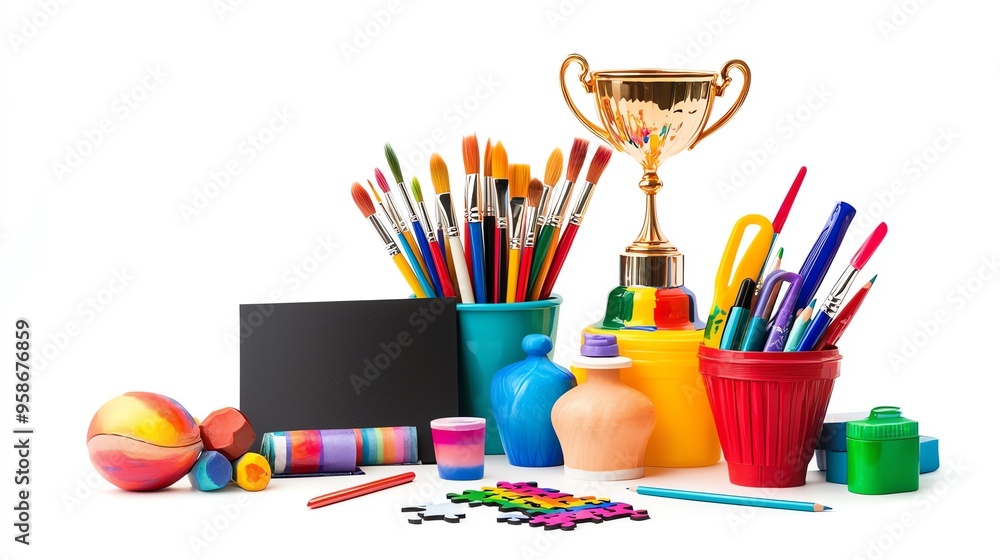 Fototapeta premium A vibrant collection of art supplies and a trophy, perfect for creative projects or educational themes.