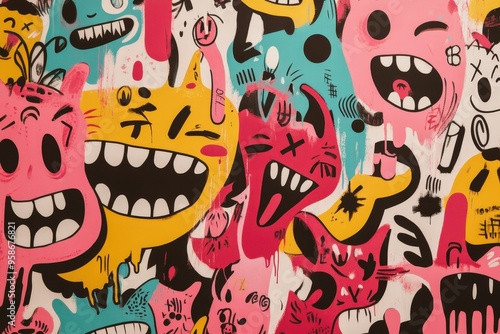 A Vibrant Display of Playful Expressions and Bold Colors in a Graffiti Style Art Piece Filled with Joyful Characters photo