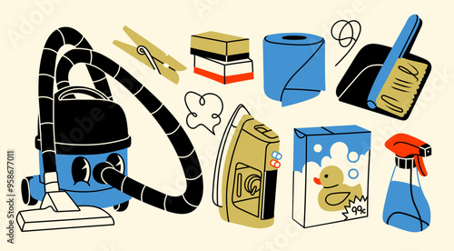 Various cleaning tools, household supplies. Vacuum cleaner, sponge, brush, detergent spray, iron, powder, toilet paper. Housework concept. Hand drawn Vector illustration. All elements are isolated