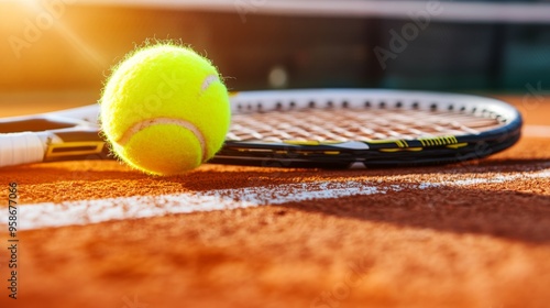 Tennis Ball and Racket on Court