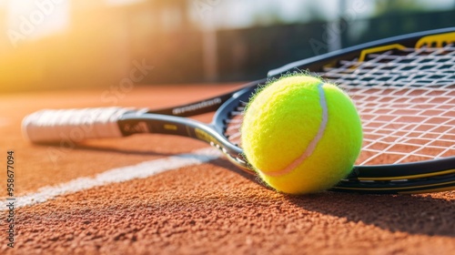 Tennis Ball and Racket on Court