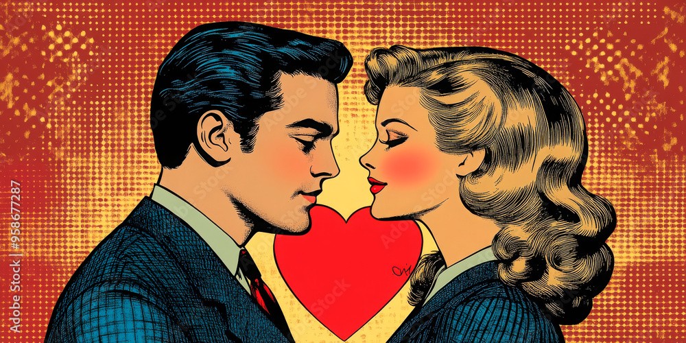 A retro-style pop art illustration featuring a couple gazing at each other lovingly, with a heart symbol in the background. Ideal for Valentine's Day promotions, romantic campaigns, and love-themed A retro-style pop art illustration featuring a couple gazing at each other lovingly, with a heart symbol in the background. Ideal for Valentine's Day promotions, romantic campaigns, and love-themed