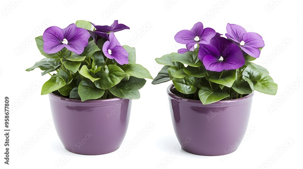 Naklejka premium Two Purple Flowering Plants in Purple Pots