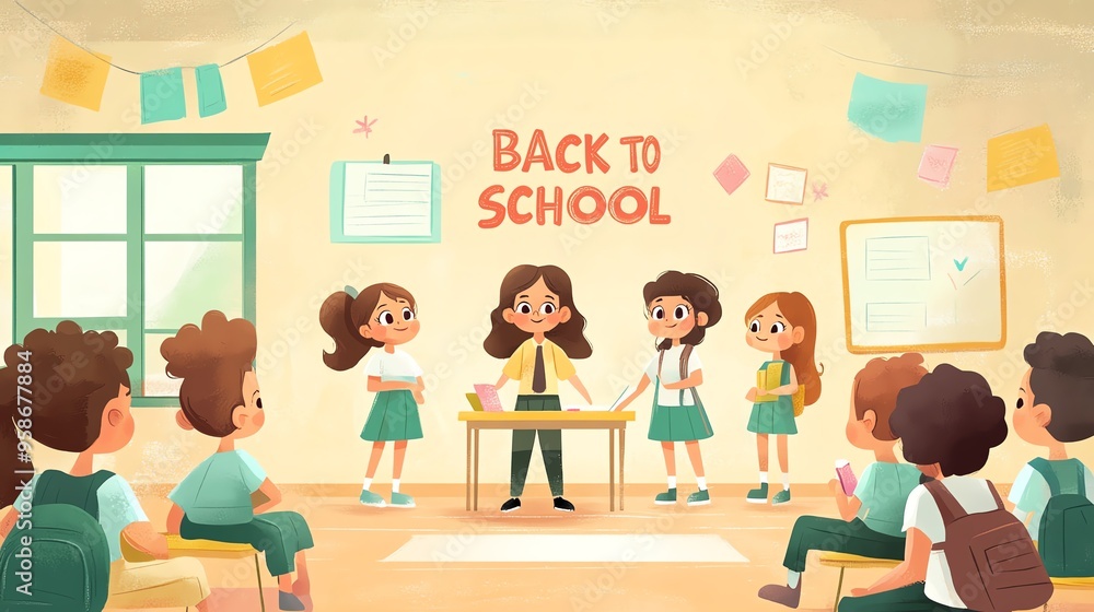 Colorful classroom scene with students and teacher celebrating back to school with vibrant decorations and engaging activities. Colorful classroom scene with students and teacher celebrating back to school with vibrant decorations and engaging activities.