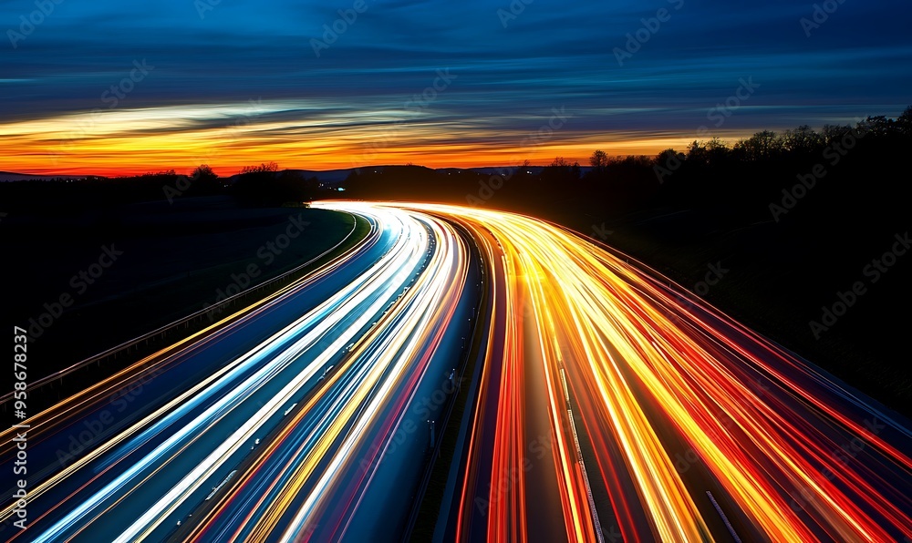 Colorful Light Trails from Cars on a Highway at Sunset Colorful Light Trails from Cars on a Highway at Sunset