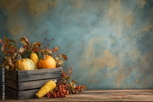 Rustic Wooden Crate with Autumnal Harvest of Pumpkins, Corn, and Berries photo