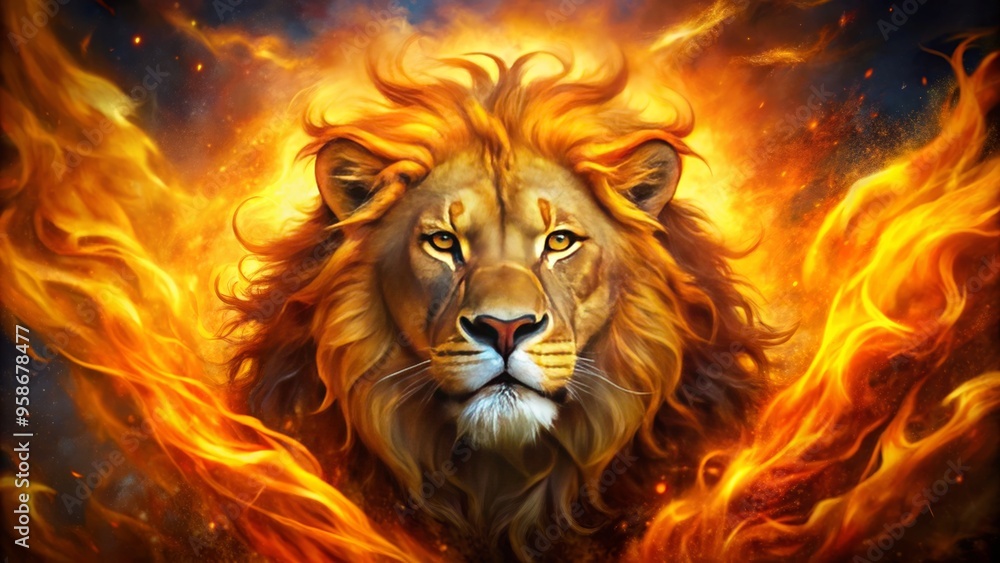 Majestic lion's head emerges from fiery flames, its regal mane ablaze, amidst swirling orange and yellow inferno, Majestic lion's head emerges from fiery flames, its regal mane ablaze, amidst swirling orange and yellow inferno,