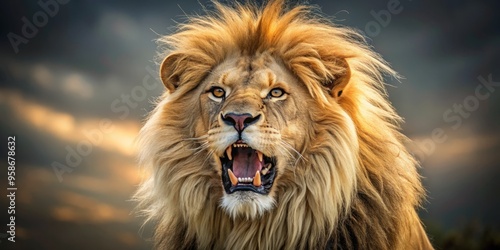 Majestic male lion with a shaggy golden mane and piercing gaze lets out a mighty roar, its powerful photo