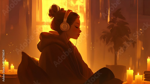 A woman with a serene expression sits in a dark room, illuminated only by the soft flicker of candles around her