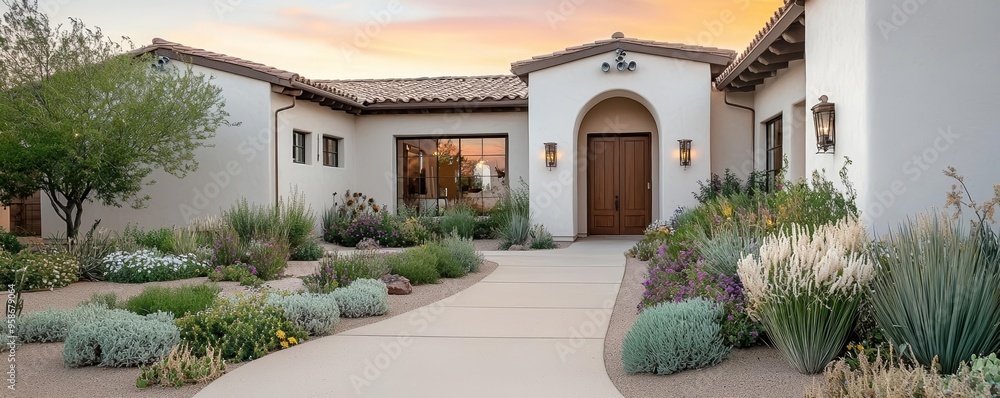 Fototapeta premium Elegant southwestern home with arched doorways, vibrant sunset sky, and meticulously landscaped garden in desert surroundings