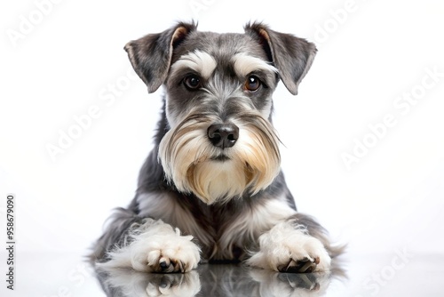 breed, cute, portrait, reflection, animal, photography, A close up photo of a Miniature Schnauzer captured in isolation against a clean white background with a reflection effect on the ground