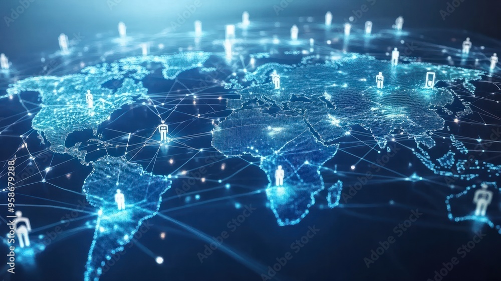 A visual representation of global business structure, emphasizing networking, analysis, data exchange, customer connection, HR recruitment, and global outsourcing.... A visual representation of global business structure, emphasizing networking, analysis, data exchange, customer connection, HR recruitment, and global outsourcing....