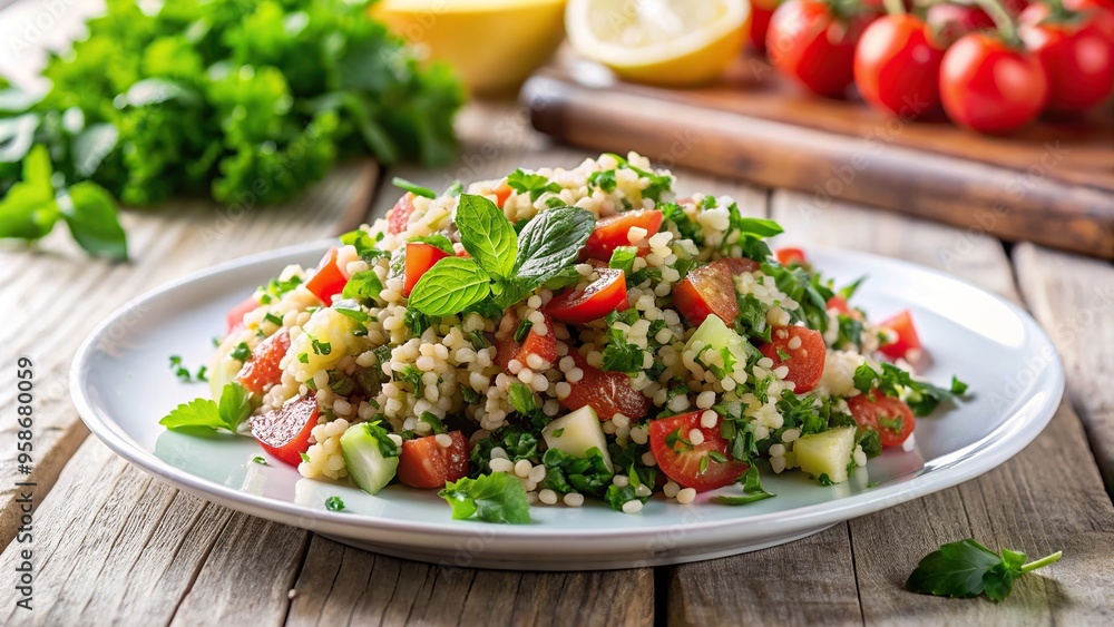 Vegetarian salad Tabbouleh with bulgur mint and parsley on a white plate, cuisine, Mediterranean, salad, ingredients, food, traditional, appetizer, vegan, recipe, starter, Middle Eastern Vegetarian salad Tabbouleh with bulgur mint and parsley on a white plate, cuisine, Mediterranean, salad, ingredients, food, traditional, appetizer, vegan, recipe, starter, Middle Eastern