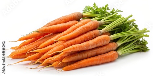 A long shot of a pile of sweet carrots isolated over a white background, orange, stack, harvest, raw, nutrition, organic, vibrant, sweet, organic farming, vegetarian, isolated, fresh