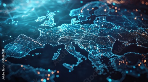 Abstract digital map of Western Europe, European global network concept and connectivity, data transfer and cyber technology, information exchange and telecommunications.