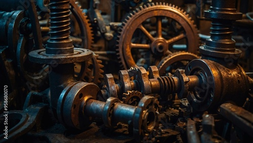 Rusty gears from an old machine, softly illuminated to reveal their historical charm.