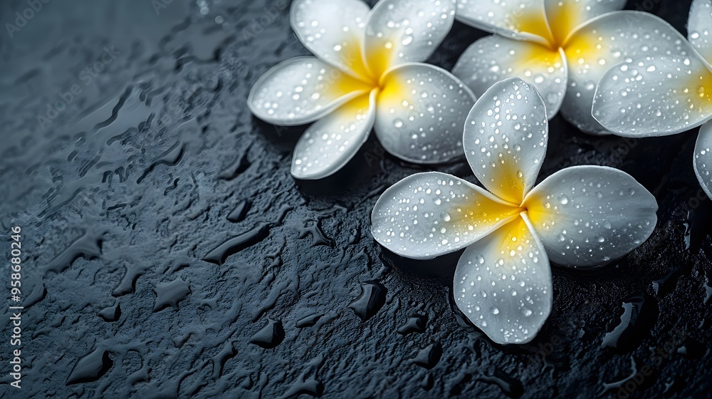 White Plumeria Flowers with Water Drops on Black Background White Plumeria Flowers with Water Drops on Black Background