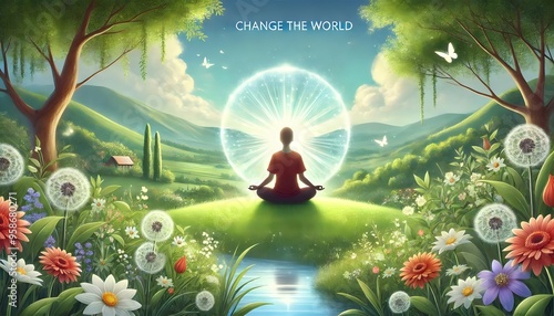 Wallpaper Mural A peaceful and serene landscape illustration featuring a calm person meditating, surrounded by an atmosphere of tranquility and harmony Torontodigital.ca