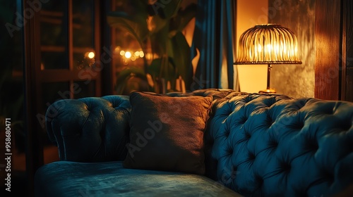 A Blue Velvet Sofa with Pillows Under a Lamp in a Cozy Room photo