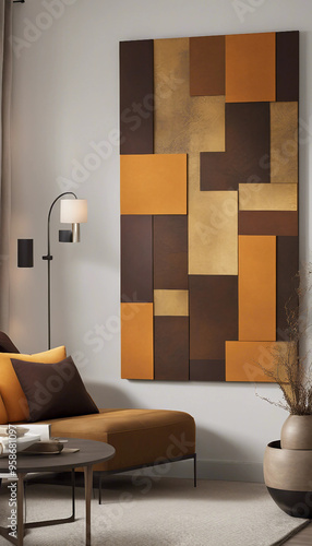 a modern living room corner with a large abstract wall art in shades of brown, gold, and black. A mustard yellow chaise lounge sits under a sleek black floor lamp, beside which is a small round side t