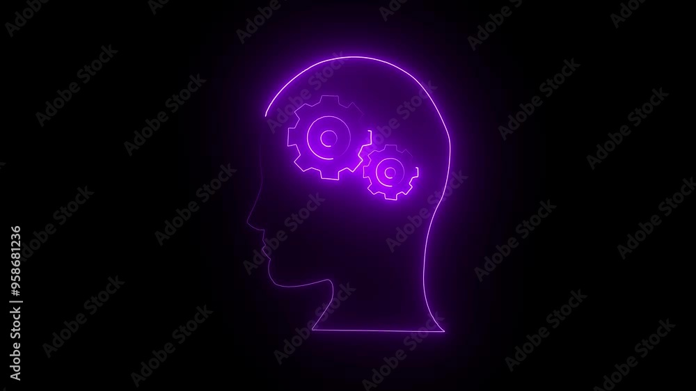 abstract glowing neon line indigo color man icon thinking animation on black stock video. abstract glowing neon line indigo color man icon thinking animation on black stock video.