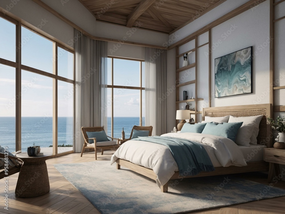 Serene coastal bedroom design in D for a tranquil atmosphere. Serene coastal bedroom design in D for a tranquil atmosphere.