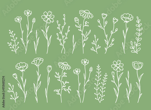 MobileHand drawn green wild flowers set silhouettes, lavender, branches, plants and herbs with leaves, flowers, field grass, decoration botanial elements