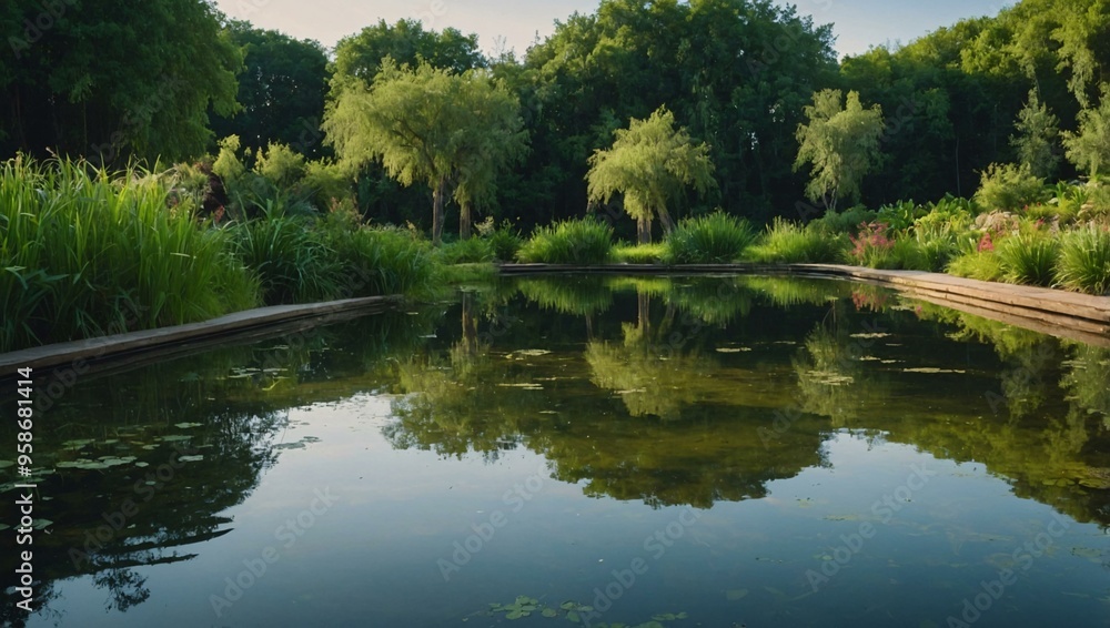 Serene pond with lush green grass and plants, capturing peaceful natural beauty. Serene pond with lush green grass and plants, capturing peaceful natural beauty.