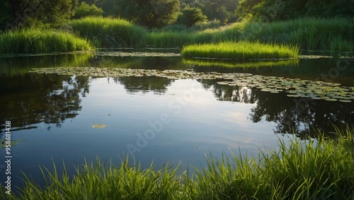 Serene pond with lush green grass and plants, capturing peaceful natural beauty.