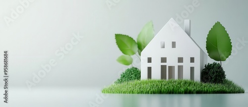 Energyefficient building with carbon credits, urban sustainability theme, 3D illustration
