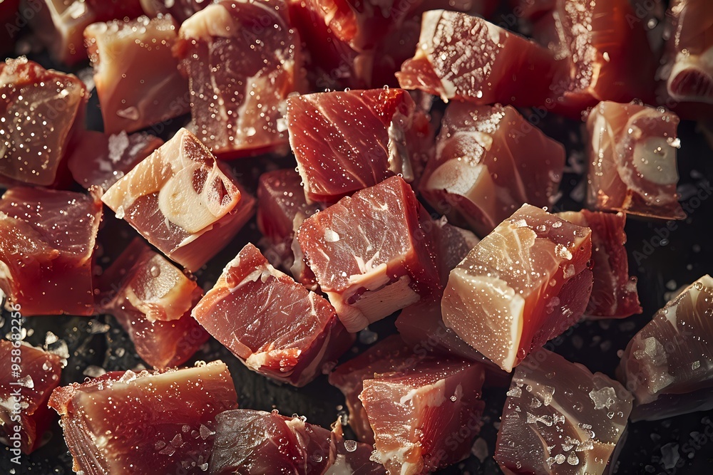 Close-up of salted cured ham cubes, showcasing rich texture and marbling. Perfect for food-related projects, culinary designs, or promoting gourmet ingredients. Close-up of salted cured ham cubes, showcasing rich texture and marbling. Perfect for food-related projects, culinary designs, or promoting gourmet ingredients.
