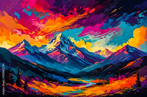 An impressionist oil painting of a majestic mountain range under a vivid, abstract sky minimalist vector painting art illustration images 